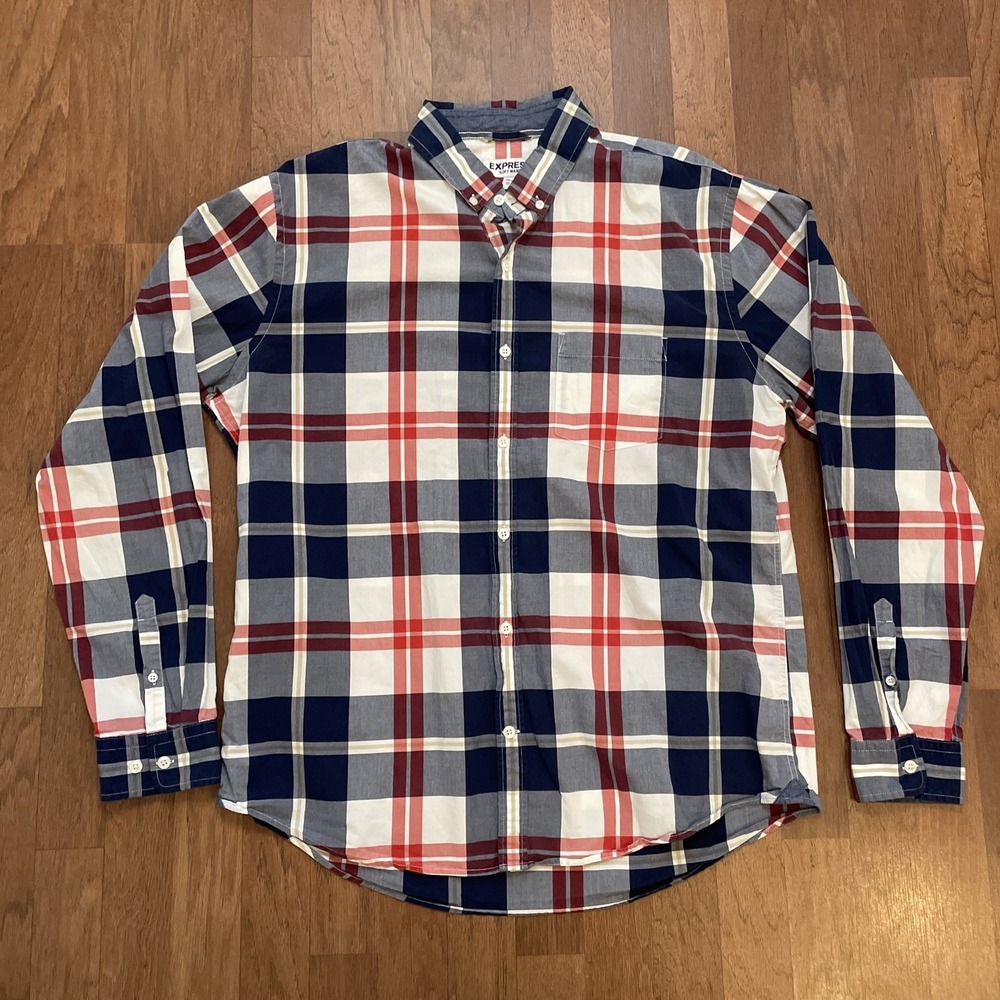 Express Men's Soft Wash Blue Plaid Dress Shirt Size XL